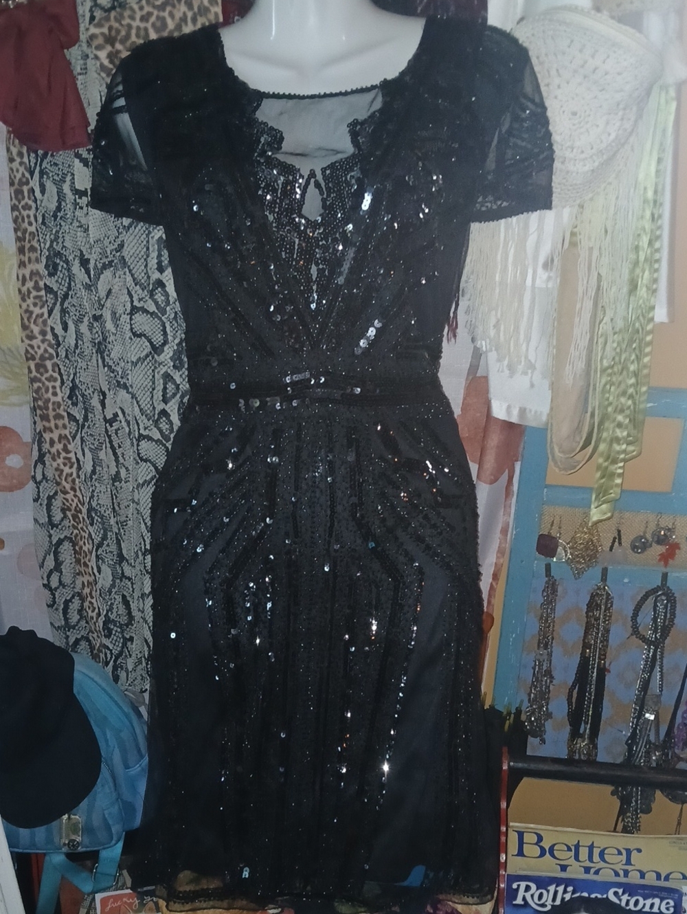 Black Beaded Sequined Lace Short Sleeve Dress